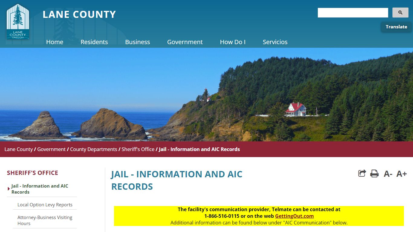 Jail - Information and AIC Records - Lane County